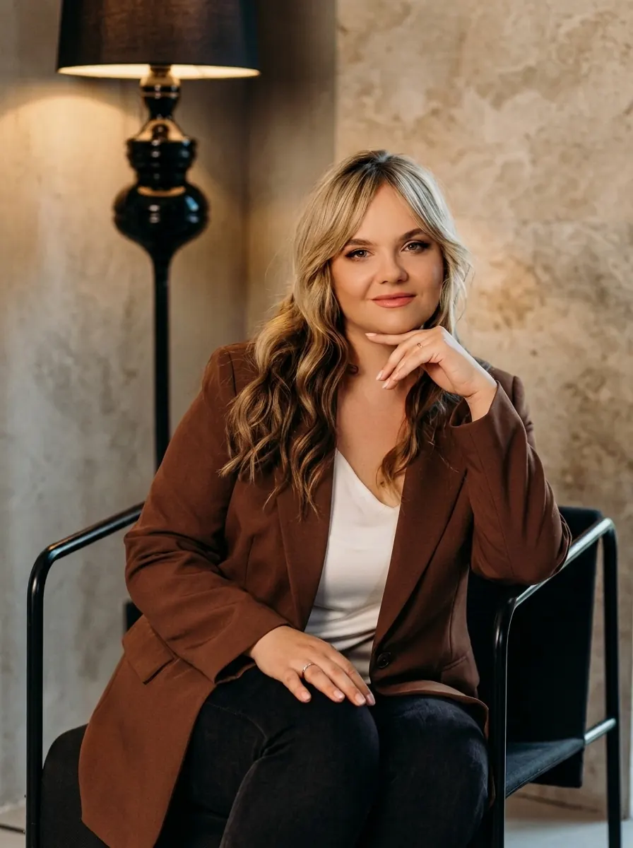 Olga Kolgusheva in a brown blazer, seated in an armchair beside a floor lamp