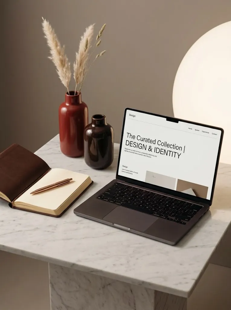 A laptop showing a minimal website design on a marble table, beside a notebook, a pen and two ceramic vases
